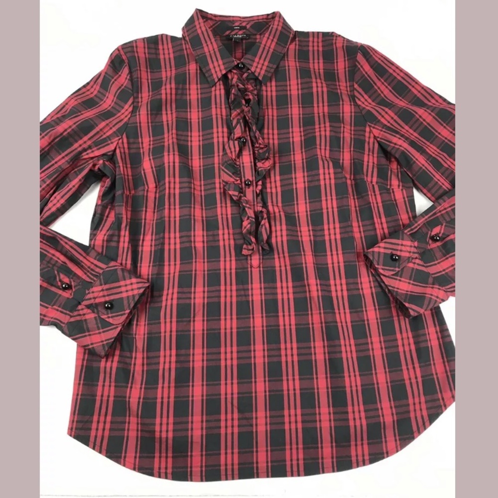 Talbots Red Plaid Ruffle Front Button Blouse SZ 12